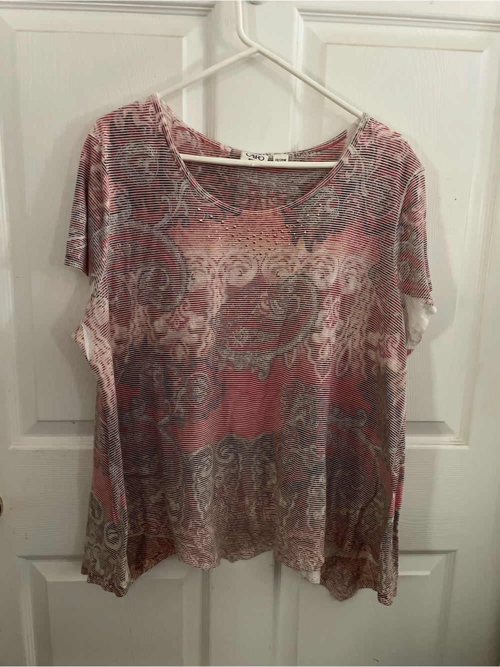 Cato Pink Cream Short Sleeve Scoop Neck Top with Swirl Print